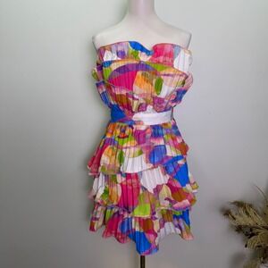 Flying Tomato Womens L Pleated Tiered Strapless Mini Dress Abstract Print Y2K